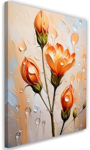 Feeby Wandbilder - Bilder Schlafzimmer - Tulpenblütentropfen Orange - 40x60 1tlg - Wohnzimmer Bild Groß - Wohnungs - Foto Geschenk - Leinwand Wall Art - Wand Deko