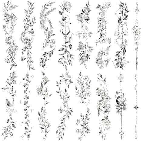VelvetGlow Blume tatouages temporaires pour femmes et filles, 16 feuilles de tatouages floraux noirs esquisse de plantes sauvages, tatouage imperméable pour bras clavicule art corporel