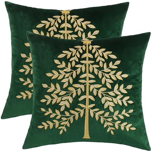 Tosleo 2er Set Samt Kissenbezug Frühling Dekokissen 45x45 cm Grün Stickerei Baum Sofakissen Couchkissen Kissenhülle Zierkissenbezug für Wohnzimmer Sofa Schlafzimmer