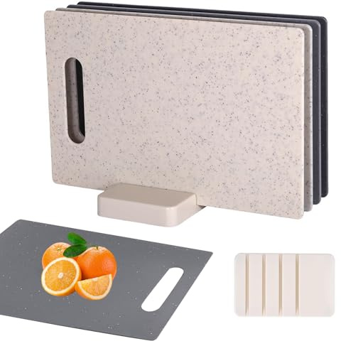 Planche à Découper Plastique, 28 x 18cm Planche à Découper Professionnelle, Lot de 4 Planches à Découper avec Support, Planches à Découper Portables, Pour Légumes, Fruits, Pain