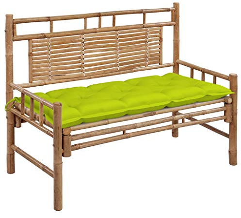 Bucmath Gartenbank mit Auflage 120 cm, Bambus Holz Sitzbank für Garten Terrasse Veranda, Wetterfest, Hellgrün Kissen, Outdoor Bänke für Draußen