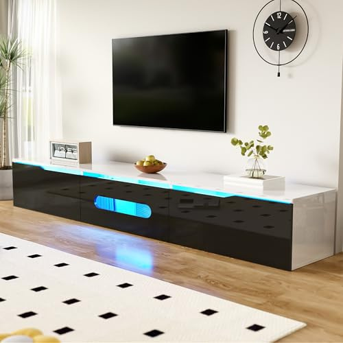Zepneiy Meuble TV Moderne (180×35×30 cm), Finition Brillante, avec lumières LED 16 Couleurs, Meuble TV Brillant, Montage Mural/sur Pied,Convient pour Le Salon，Noir + Blanc