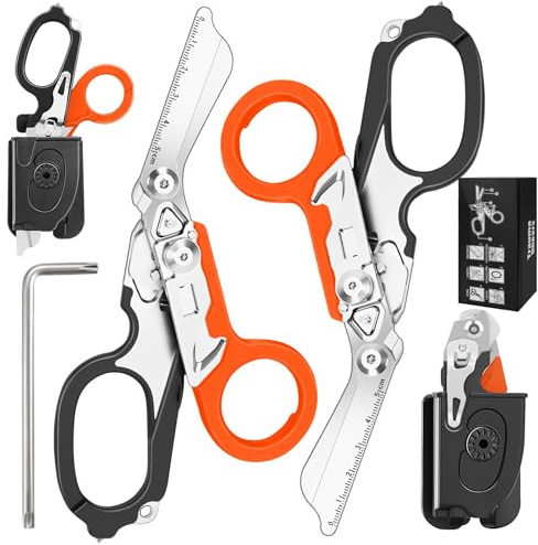 Kevanry 2er Pack 6-in-1 Trauma Schere mit Holster, Multifunktionale Rettungsschere mit Gurtschneider & Glasbrecher für Outdoor,Camping,Rettungsdienst, Erste Hilfe (Schwarz Orange)