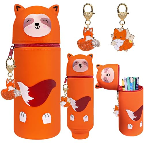 Kawaii Federmäppchen, Mädchen Junge 2-in-1 Weiche Silikontasche, Stand Up Federmäppchen, Tier Stifthalter, Stifte Mäppchen, Tischstifthalter Cartoon, Stifthalter Bleistifttasche, Ohne Stift (Füchse)