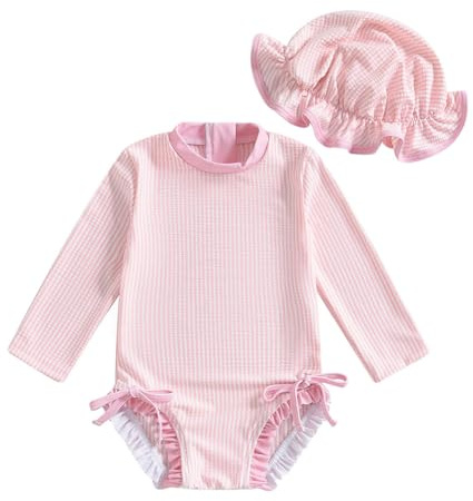 JENJON Traje de Baño a Rayas para Bebé Niña con Volantes Mangas Lindo Floral Traje de Baño de Una Pieza con Cremallera Protección UV y Gorro de Playa Verano