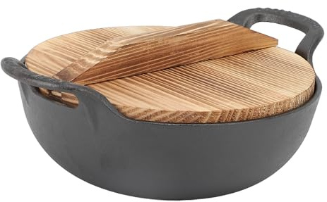 Rengue Cast Iron Wok, Heavy Duty Uncoated Stir Fry Pan with Wooden Lid and Flat Base for Home Chefs and Asian Cuisine Enthusiasts