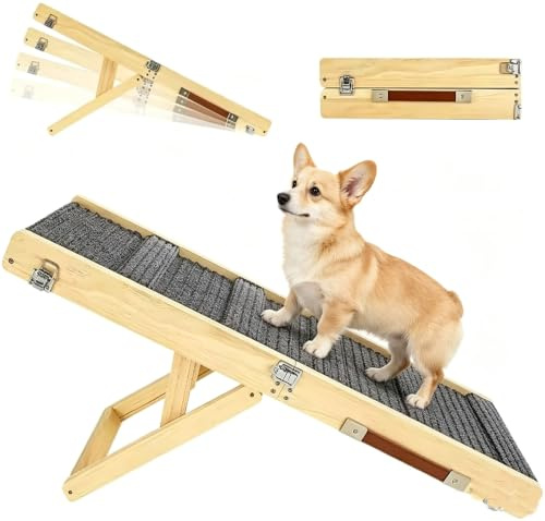 NEWFUN Rampa para Perros, Escalera para Mascotas para Perros Pequeños y Gatos, Equipada con Alfombrillas Antideslizantes, Adecuada para sofás Bajos, Altura Ajustable y Plegable (25-47CM)