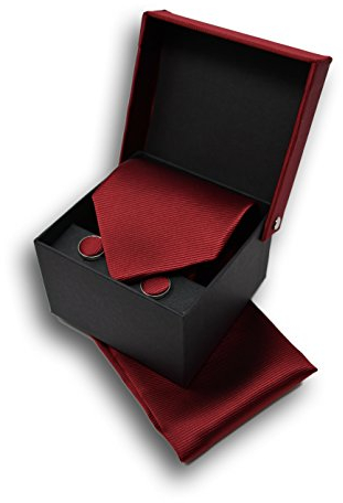 Sweet Leaf Coffret Ensemble Cravate Homme, Mouchoir de Poche, Boutons de Manchette Rouge Bordeaux - 100% en Soie - Classique, Elégant et Moderne - (Idéal pour un cadeau, un mariage, avec un costume)