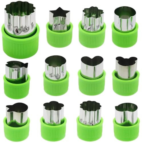 Cookie Cutter Sets for Kids, LetGoShop 12 Shapes Biscuit Cutters Baking Mold with Safty Handle and 10 Cartoon Food Fork, Stainless Steel Mini Vegetables and Fruits Cutters for Kids Lunch