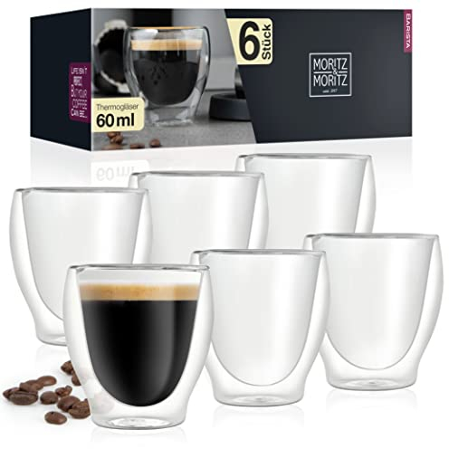 Moritz & Moritz Barista Milano 6 x 60 ml Espressogläser Doppelwandig - Espresso Tassen Set aus Glas für Heiß- und Kaltgetränke - Spülmaschinengeeignet