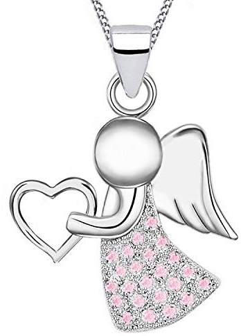 Goldene Hufeisen Schutzengel Herz Zirkonia Anhänger mit Halskette 925 Echt Sterling-Silber (Rosa)