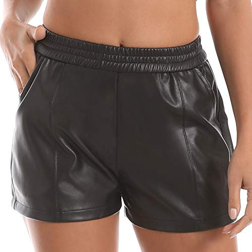 Everbellus Damen Elastic Waist Lose Shorts Kunstledershorts mit Taschen Schwarz Large