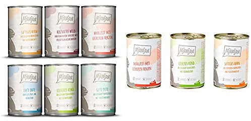 MjAMjAM - Premium Nassfutter für Katzen - Mixpaket III - Wild & Kaninchen, Pute, Ente & Geflügel, Herzen, Huhn, 6er Pack & Premium Nassfutter für Katzen - Mixpaket I - Huhn, Rind, Herzen, 6er Pack