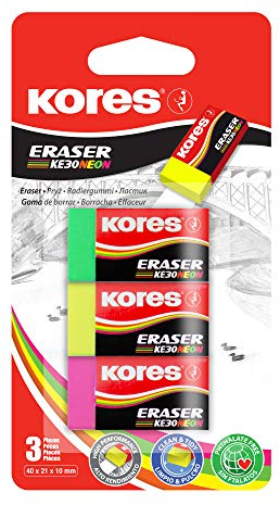 Kores Radiergummi KE-30, Papier, PVC, 40 x 21 x 10 mm, Neon, 3 Stück