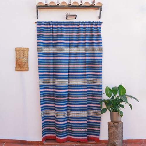 Jarapa Home Made with love Cortina Alpujarreña Rustica, Hecha en España, Fibra Natural de algodón - Cortina para Puerta Exterior mosquitera y Parasol, Medidas 160x215 cm (Azul)