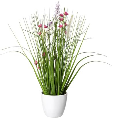 kunstpflanzen-discount.com Künstliches Wiesenblumen Arrangement 41cm pink-lila im runden Topf - Kunstgras mit blühenden Kunstblumen und Gräsern