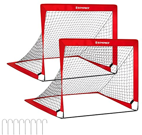 SONGMICS Set di 2 Porte da Calcio Pieghevoli per Bambini, Montaggio Veloce, in Giardino Parco Spiaggia, in Fibra di Vetro Elastico, Tessuto Oxford e Poliestere, Rosso SZQ122R02