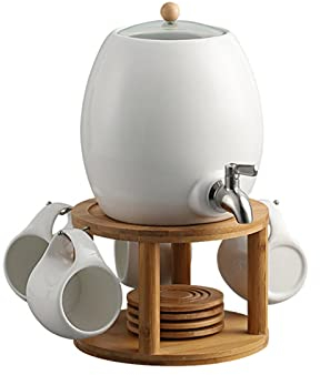 Dispensador bebidas agua de cerámica con soporte y tapa madera, grifo de barril frío tipo taza colgante cubo hielo jugo comercial para el hogar, al aire libre, picnic, barbacoa,2L