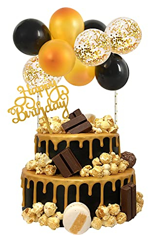 Black Gold Balloon Cloud Cake Topper - 5 Inch 10pcs Confetti Metallic Mini Balloon Garland with Happy Birthday Letter Cupcake Topper for Birthday Cake Decorations Wedding Party Supplies