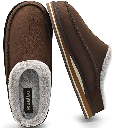 KuaiLu Herren Kuschelschuhe aus Plüsch mit offenem Rücken Herren Memory-Schaum Clog Hausschuhe Bequeme handgemachte Stitch Microsuede Slip-On Hausschuhe mit stützend Indoor Outdoor Braun Größe 45