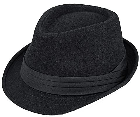 Wollmütze Herren Classic Manhattan Strukturiert Trilby Fedora Hut mit Band Kurze Krempe Panama Gangster Hut, schwarz, large