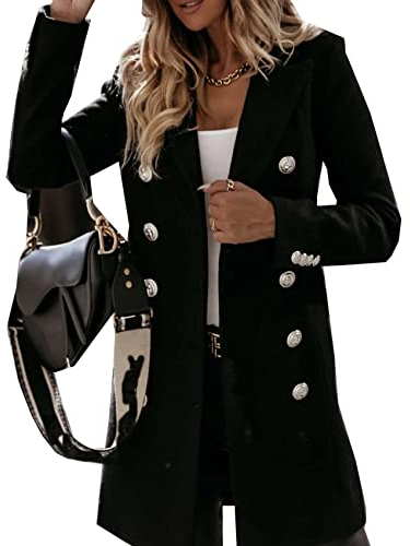 WJANYHN Autumn and Winter Leisure Exquisite Fashion Long-Sleeved Suit Collar Double-Breasted Nizi Jacket Windbreaker Coat Women Black, S