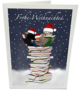 Weihnachtskarte Vögel lesen Bücher Amsel Rotkehlchen Eule Frohe Weihnachten Vogel Zeichnung mit Umschlag