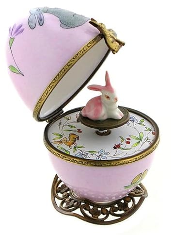 Animierte Spieluhr in Form eines musikalischen Eies im Fabergé-Stil aus Porzellan mit rosa Kaninchen und 18-Ton-Federspielwerk - Made in France - An der schönen blauen Donau (Johann Strauss).