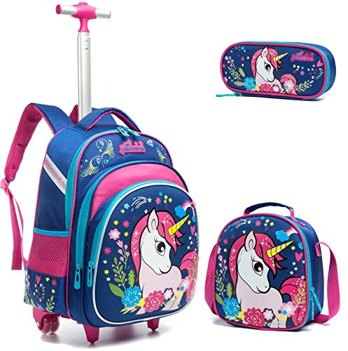 Egchescebo Mochilas Escolares con Ruedas Carro Niña Crustáceo Unicornio Mochila Carrito para Trolley Escolar Bolso de Viaje Estuche Stitch Mujer Maleta Colegio Medianas Infantil Niñas 16” 3pcs Azul