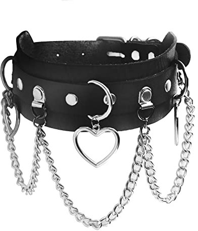 JJDreams Gothic Herz Punk Choker Halsband Schwarz Leder Damen Spike Ring