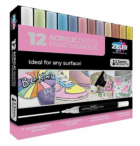 Zieler 12 Acrylic Paint Pens for Rock Painting, Ceramic, Porcelain, Glass, Stone, Pebble, Fabric, Wood & DIY Mug Design Permanent Water-based Marker Pens – Pastel colours (Medium Tip - 2.5mm)