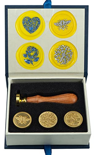 ANBOSE Wachs-Siegel-Stempel-Set, ANBOSE Blumen-Wachs-Siegel-Stempel-Set mit 4 abnehmbaren Messingköpfen und 1 Holzgriff, Retro-Herz, Rose, Biene, blühende Blätter, Siegelwachsstempel für Karten, Einla