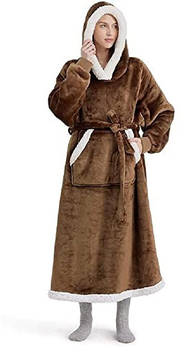Hoodie Sweatshirt Decke Warm Kuscheldecke mit Ärmeln Flanell Übergroße Kapuzenpullover Erwachsene Ärmeldecke Ganzkörperdecke Oversized TV Decke Tragbar Hoodie für Erwachsene,Braun,Länge:120cm