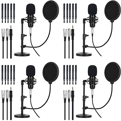 Sherr 4 Pack XLR Condenser Microphone Professional Studio Cardioid Microphone Kit Include Cardioid Mics Shock Stand Windproof Cotton Blowout Net Metal Stand Male Female Cable for Podcasting Record