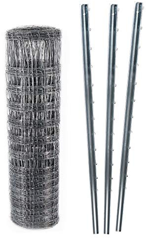 Aquagart Z-Profil Zaunpfosten Wildzaun Komplettset I 50m Knotengeflecht Zaun und 15 St. Zaunpfähle I Weidezaun inkl. Zaunpfosten für Forst- und Landwirtschaft (50m Zaun 100/10/30 + 15 Z Pfosten 1,5m)