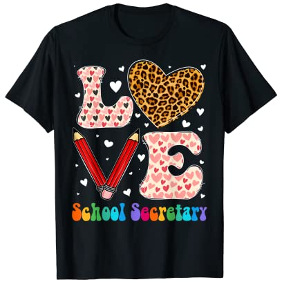 Love Heart Schule Sekretär Leopard Plaid rot Valentinstag T-Shirt
