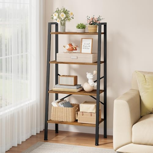 Hoctieon 4-Tier Industrial Ladder Bookshelf, Narrow Ladder Shelf, Tall Standing Bookshelf, Skinny Open Ladder Shelf, for Living Room, Home Office, Kitchen, Bedroom, Metal Frame, Rustic Brown