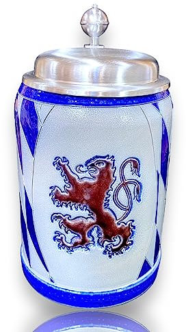 Löwen Bierkrug mit Zinndeckel und Raute - Salzglasur-Krug, handgefertigt & gravurfähig (0,5 l)