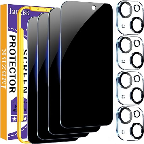 IMBZBK 4 Piezas Protector de Pantalla iPhone 15 Privacidad Antiespias Cristal Templado 4 Piezas Protector de Lente de cámara Accesorios Funda Amistoso, Dureza 9H, Curva 2,5D, Transparente