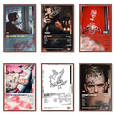 Enimoud Rapper Lil Peep-Poster, Musikalbum-Cover-Poster für Zimmer, ästhetischer Druck, Set mit 6 Wandkunst für Mädchen und Jungen, Teenager, Wohnheim-Dekoration, 20,3 x 30,5 cm, ungerahmt