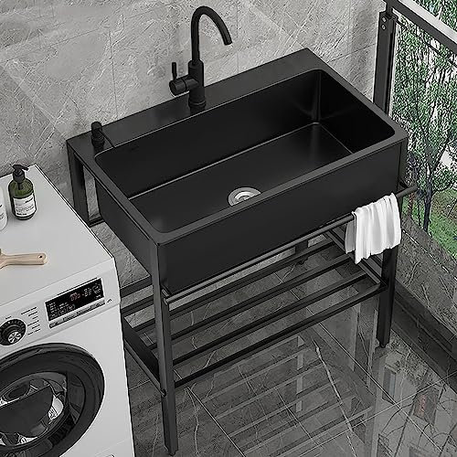 Fregadero de cocina independiente, fregadero industrial de un solo tazón con grifo de fregadero, estación de trabajo de metal, duradero, fregaderos de lavandería de acero inoxidable para restaurante