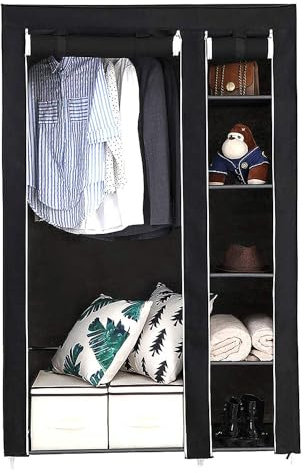 MUL-BOUTIQUE Aufbewahrungsschrank aus Stoff mit Hängestangen und 6 Aufbewahrungshalterungen, stabiler und einfacher Zusammenbau (Schwarz, 172 x 105 x 43 cm)