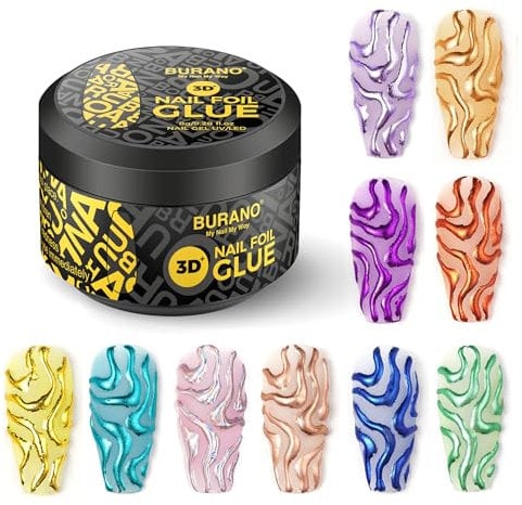 BURANO 3D Gel Nail Art Foil Glue - 8G3D Gel with 10PCS Foils, UV LED Lamp Required