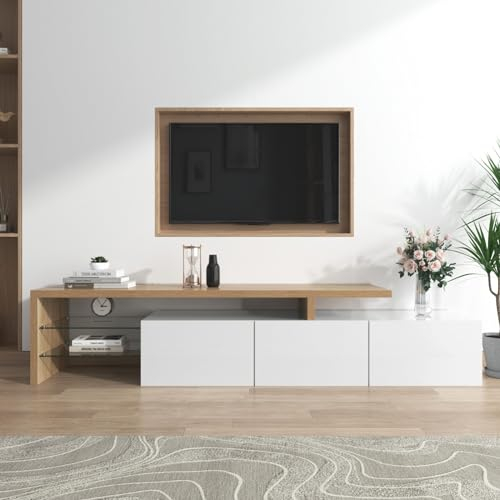KOMHTOM Meuble TV blanc et noir avec LED, buffet avec 3 portes et 2 étagères en verre, armoire multifonction pour salon et chambre à coucher, blanc