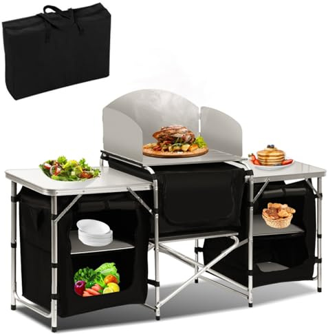 Tubiaz Campingküche, Campingschrank mit Aluminiumgestell, Klappbarer Camping Küche mit hitzebeständiger Arbeitsplatte und Spritzschutz, für Camping und Outdoor, Inklusive Tragetasche