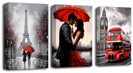 CXHOSTENT Schwarz weiße und rote Leinwand Wandbilder romantisches Paar das sich mit Regenschirm küsst Kunstdrucke London Big Ben Tower Eiffel-Bilder (A, 28.00 x 35.00 cms x 3PCS)
