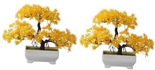 Pack of 2 Artificial Plant Bonsai Made of Plastic, Small Tree Pot, Fake Plant, Flower Pot, Ornaments for Home, Table, Easy to Use, Yellow