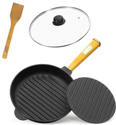 4BIG.fun Ø24cm Grillpfanne Gusseisen mit Pressdeckel Glasdeckel Pfannenwender Induktion Holzgriff Bratpfanne Pfanne Feuerpfanne