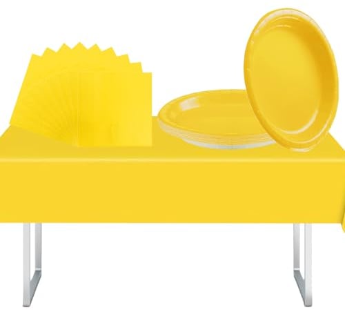 37Pcs Yellow Tableware Set with Plastic Table Cloth, Paper Plates and Napkins for Party, Picnic, Christmas, Kids Adult Birthday Party