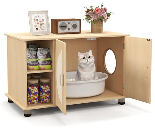 COSTWAY Meuble Litiere Chat en Bois, Meuble Cache Litiere Double Porte, 2 Tapis à Gratter en Sisal, 2 Compartiments, Trou d’Aération, Maison de Toilette Chat Grand Compartiment, 4 Pieds Réglables